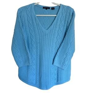 Jeanne Pierre Light Sky Blue Cable Knit Quarter Sleeve Cotton V Neck Sweater S